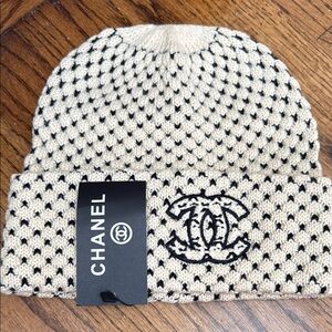 Chanel Cream and Black Knit Beanie